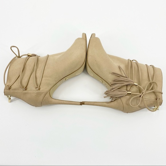 BEBE Benci High Heel Tassel Open Toe Nude Suede Ankle Bootie Size 9 - Picture 8 of 16
